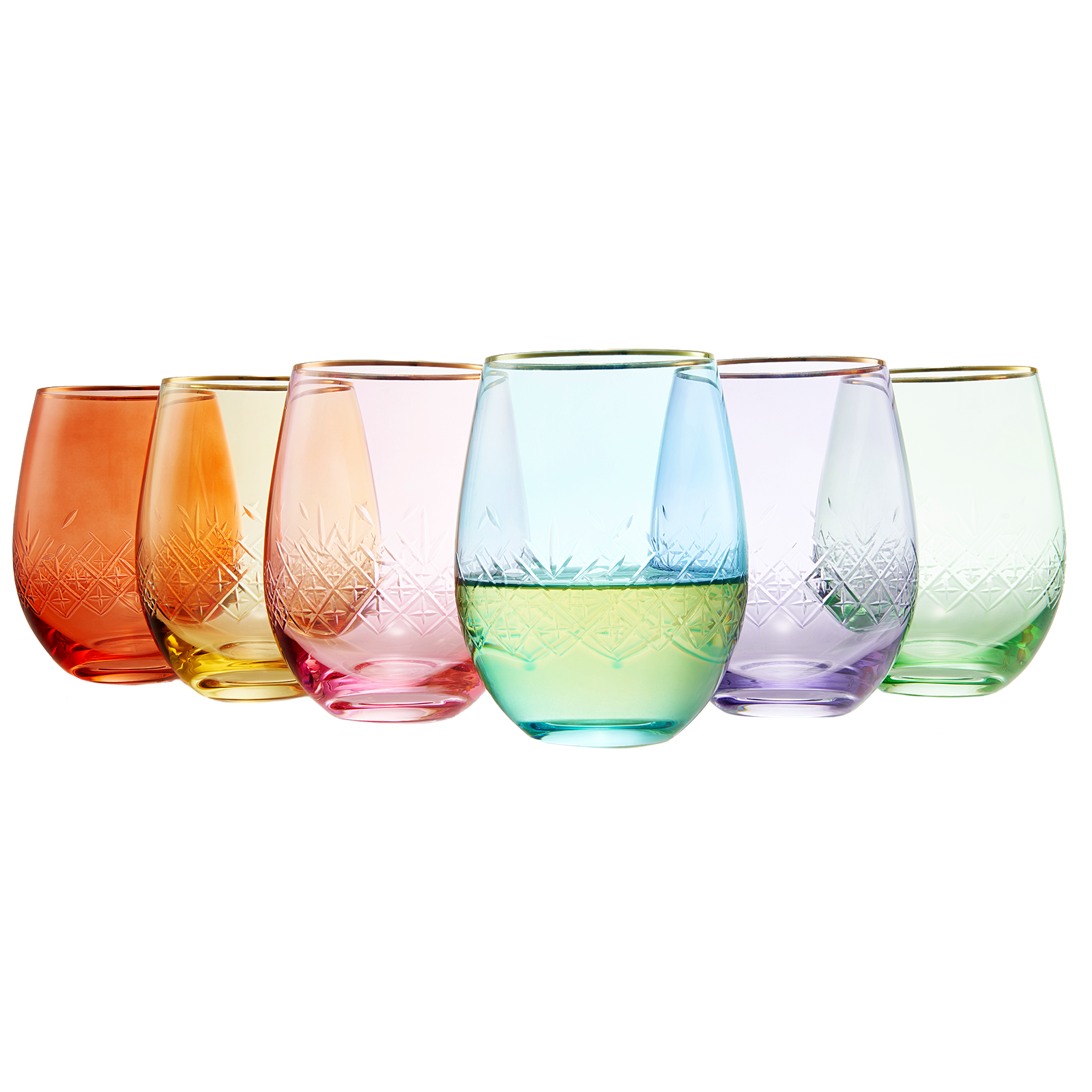 Vintage Multi Colored Clear Twisted Stem Wine Glasses Set of 6, 4