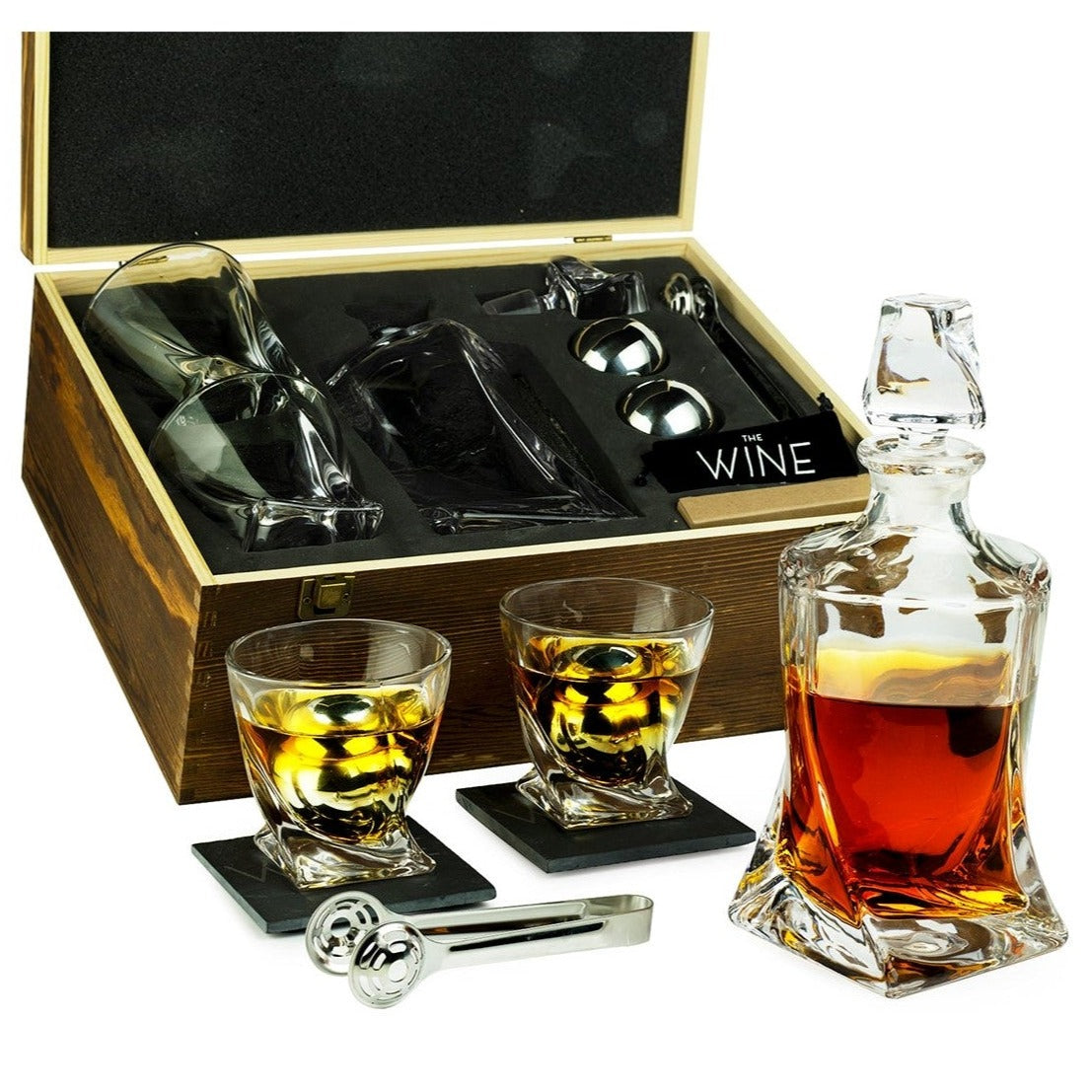 Wine & Whiskey Decanter Gift Set for Men & Women Whiskey Decanter, 2 Iceberg Whiskey Glasses, 2 Coasters, 8 Stainless Steel Whisky Rocks Chillers