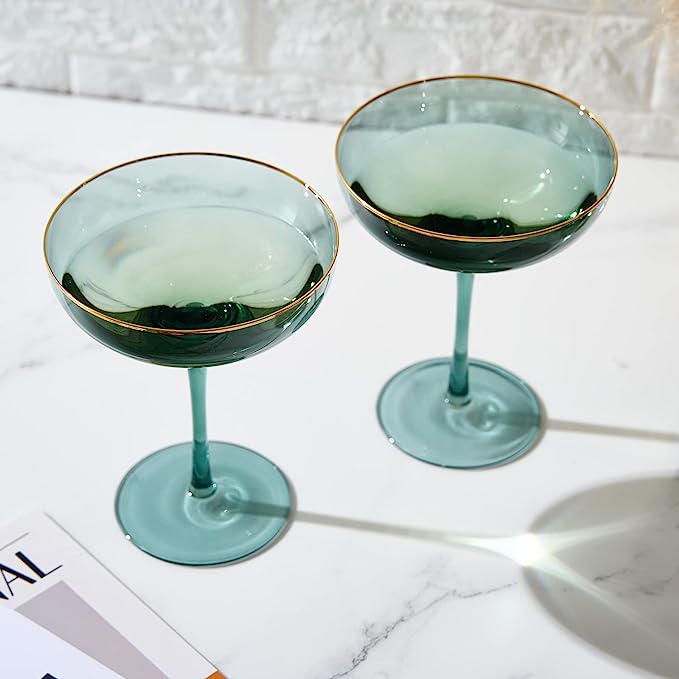 Champagne Flutes Set of 2 Emerald Green and Gold Wedding 