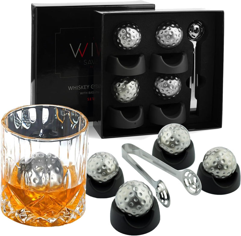 Golf Ball Shaped Stainless Steel Whiskey Stones, Whiskey Rocks, by The Wine Savant Great for Parties or for Bar Use, 4 Stones Rocks Cubes for Whiskey, Bourbon Vodka, Scotch, Metal Chillers Golf Gift