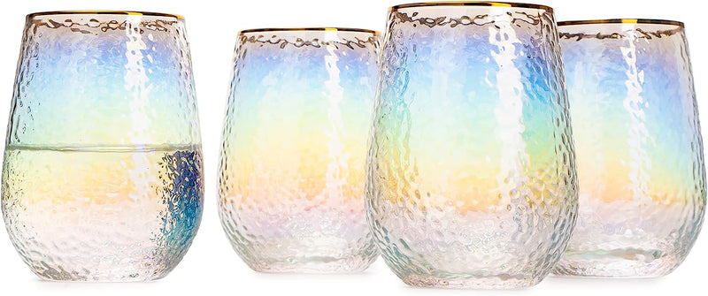 Set of 4, Iridescent Transparent Stemless Wine Glasses, Rainbow Colored  Luster Clear Cocktail Drinking Glass Cups