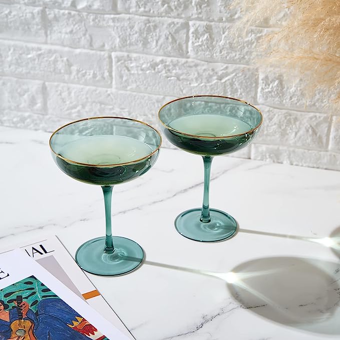 Colored Gold Rimmed Vintage Style Cocktail Glasses, Celebration Glasses,  Wedding Glasses, Champagne Coupes, Green Coupe Glasses 
