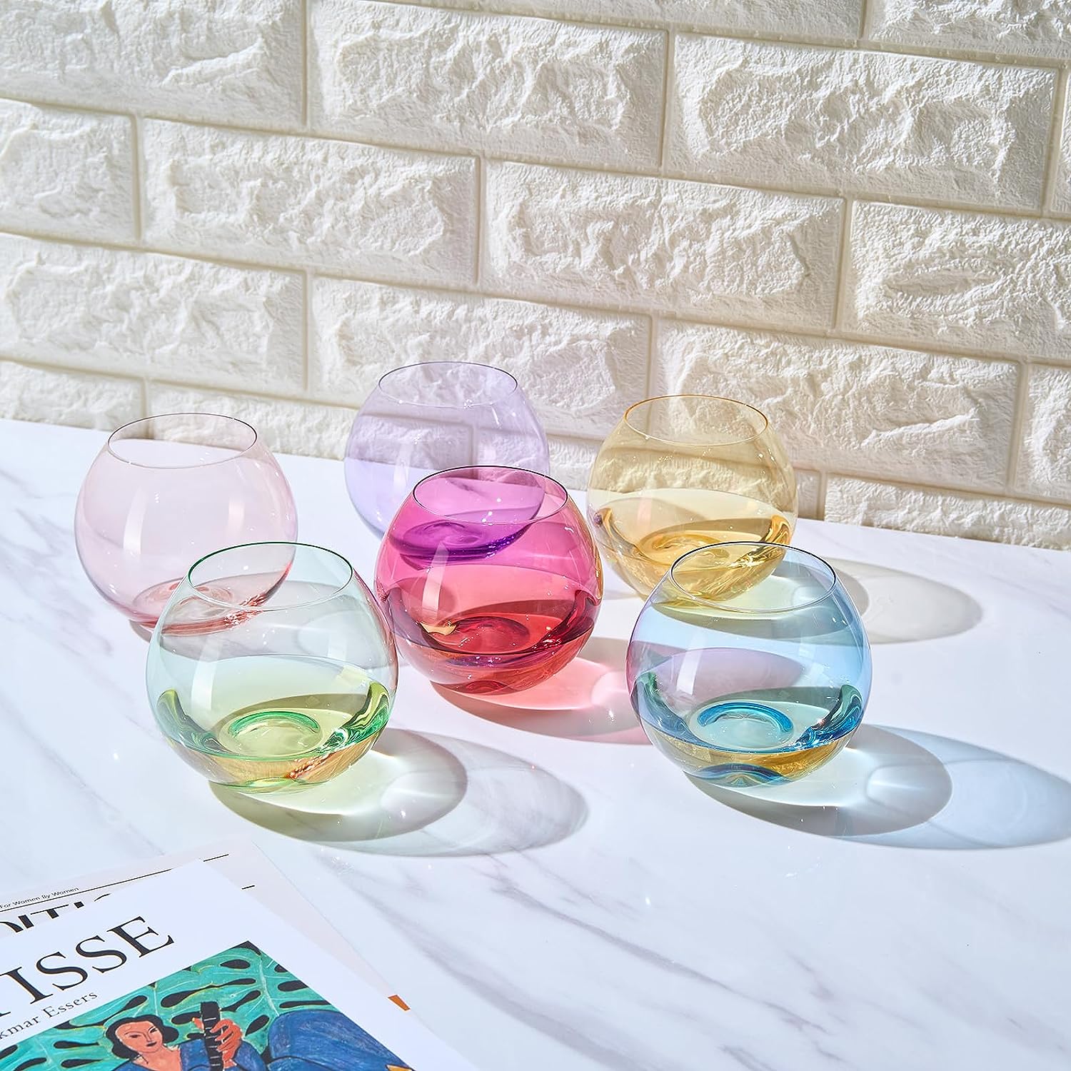Colored Stemless Wine Glass Set of 6, Vibrant Splash Wine Glasses with  Colored Bottom for Women Men …See more Colored Stemless Wine Glass Set of  6