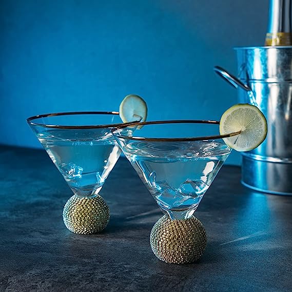 Stemless Martini Glasses with Chiller Set of 2 - Elegant Cocktail Glasses  Set with Cavier Server Bowl - Beautiful Bar Martini Glass Gift Set for