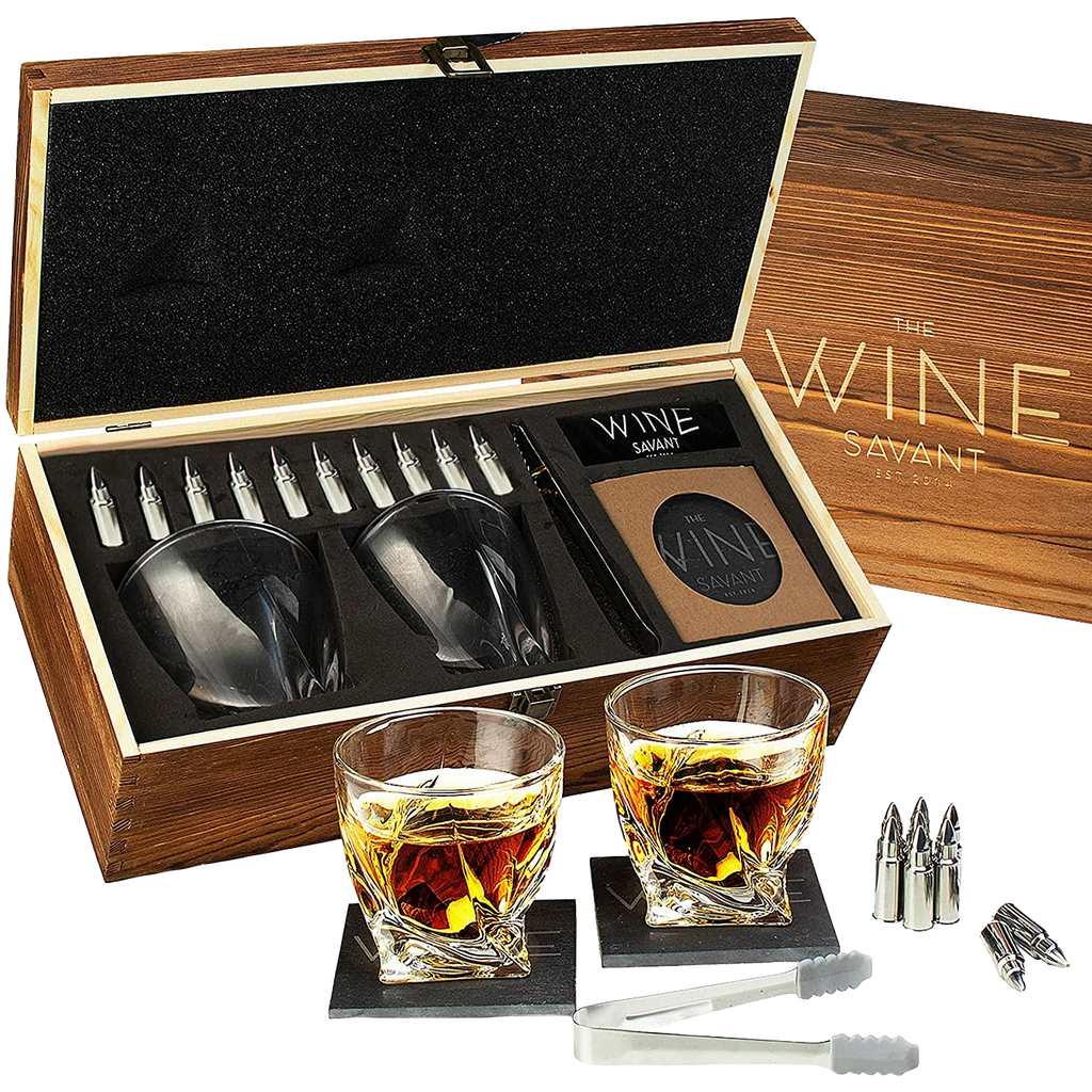  Luxurious Bar Gift Set - 2 Whiskey Glasses + 10 Bullets  Chilling Stainless-Steel Whiskey Rocks - Slate Stone Coasters & Tongs - Set  in Premium Wood Box by The Wine Savant 