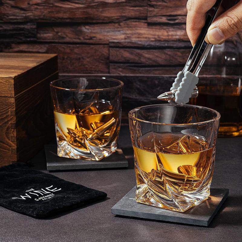  Whiskey Stones Gift Set for Men, Whiskey Glass and Stone Set  with Wooden Army Crate, 6 Stainless Steel Whiskey Bullets and 10oz Whiskey  Glasses