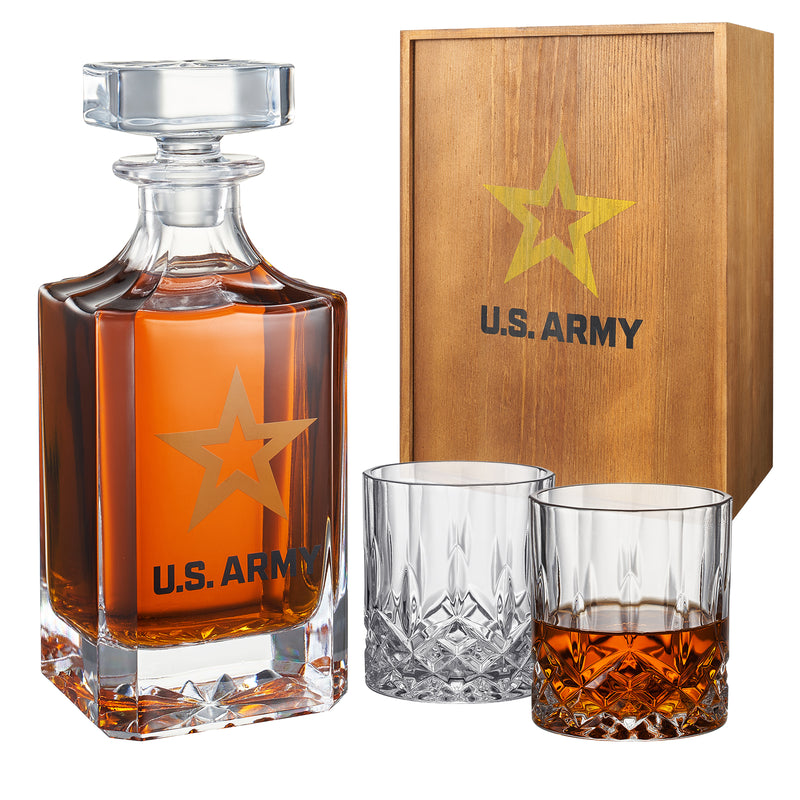 Army Whiskey Decanter Gift Set | 730mL Decanter 2 Whiskey Glass | Military Gifts for Loved Ones Serving For Our Country - Army, Navy, Airforce - Father&