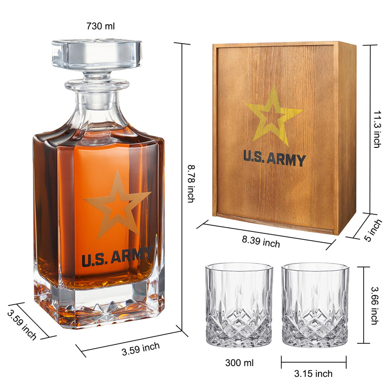 Army Whiskey Decanter Gift Set | 730mL Decanter 2 Whiskey Glass | Military Gifts for Loved Ones Serving For Our Country - Army, Navy, Airforce - Father&