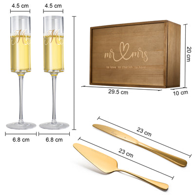 Wedding, Bridal Mr & Mrs Champagne Flutes Gift | Set of 2 | Crystal Champagne Flutes for Him and Her, Valentine's Day, Housewarming Gifts, Engagement Shower Gift for Bride and Groom GIFT BOX (Gold)