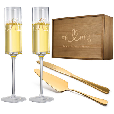 Wedding, Bridal Mr & Mrs Champagne Flutes Gift | Set of 2 | Crystal Champagne Flutes for Him and Her, Valentine's Day, Housewarming Gifts, Engagement Shower Gift for Bride and Groom GIFT BOX (Gold)