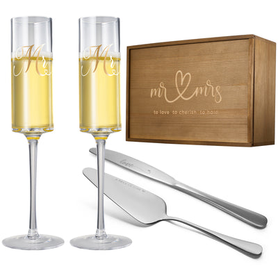 Wedding, Bridal Mr & Mrs Champagne Flutes Gift | Set of 2 | Crystal Champagne Flutes for Him and Her, Valentine's Day, Housewarming Gifts, Engagement Shower Gift for Bride and Groom GIFT BOX (Silver)