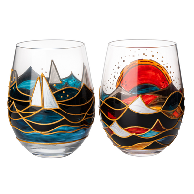 Themed Lights Stemless Wine & Water Glasses - Artisanal Hand Painted O –  The Wine Savant