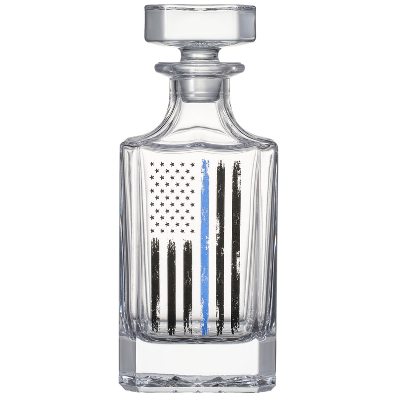 Police Tactical Blue Tattered American Flag Whiskey Decanter Gift Set | 730mL Decanter 2 Whiskey Glass | Law Enforcement Gift for Police Officer, Blue Rights, 2nd Amendment Gifts, PD Men, Dad, Him
