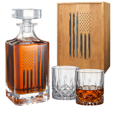 Police Tactical Blue Tattered American Flag Whiskey Decanter Gift Set | 730mL Decanter 2 Whiskey Glass | Law Enforcement Gift for Police Officer, Blue Rights, 2nd Amendment Gifts, PD Men, Dad, Him