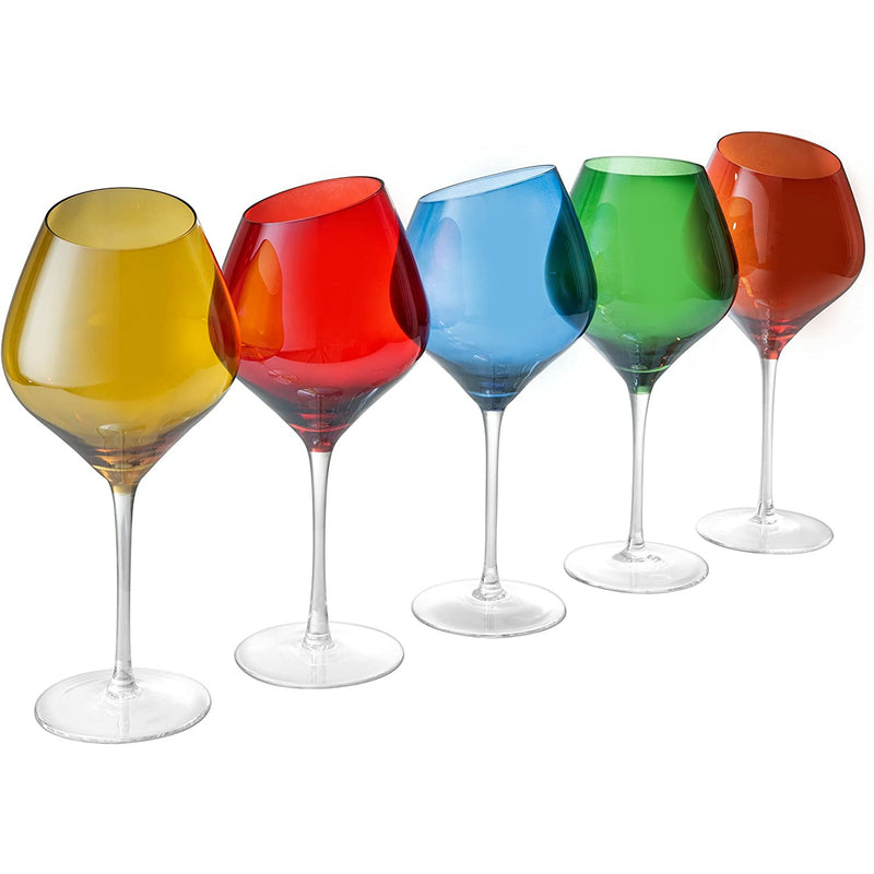 Slanted Rim Colored Wine Glasses by The Wine Savant – Set of 5 Stylish and  Slant Rim Wine Glasses for Parties, Multicolor Set for Weddings