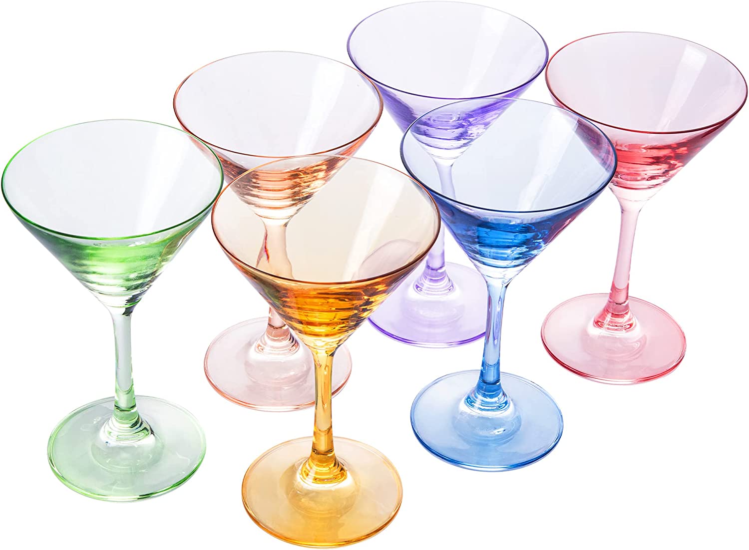Martini Glasses Set of 6 Novelty Bent Stems in Clear and Green 7 5/8 Tall