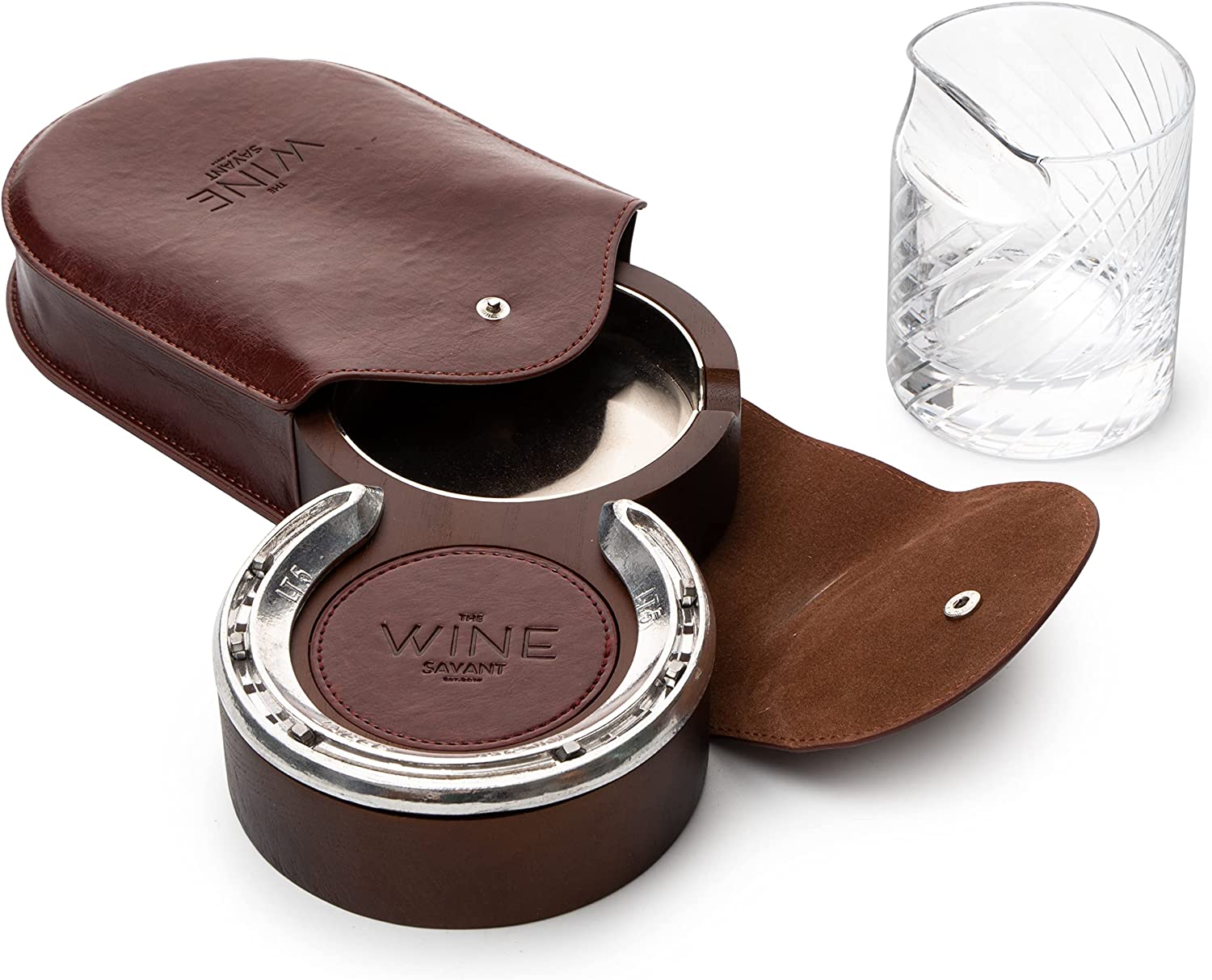 The Wine Savant Luxurious Cigar Glass - in A Leather Horseshoe Storage Case Whiskey Glassware with Cigar Holder - 10oz Cigar Holder Whiskey, Ash Tray