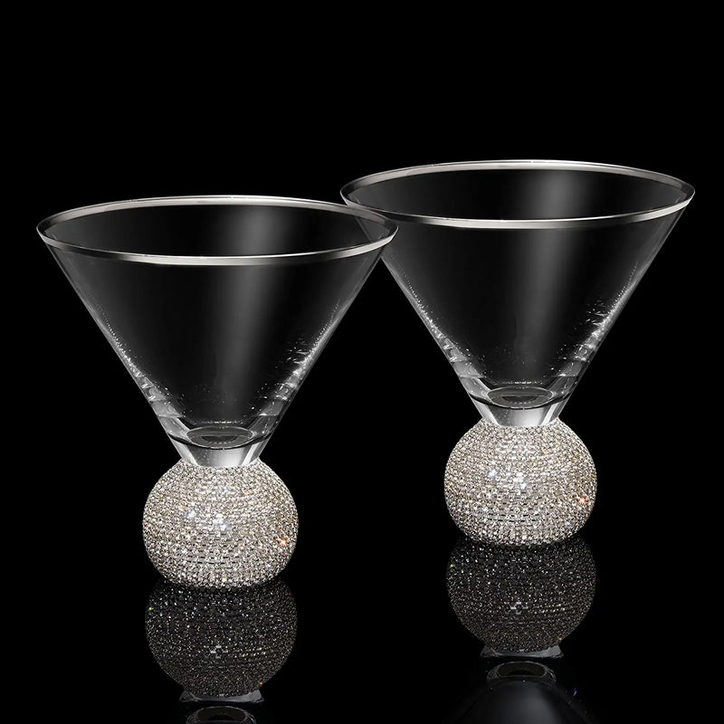 GEMEZZI Stemless Martini Glasses Set of 2, Silver Stemless Modern Cocktail Glass, Crystal Ball Base in Elegant Box, Perfect Bar Accessories for