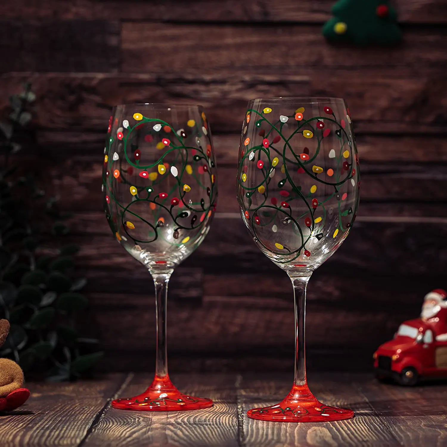Set of 2 Stemmed Christmas Tree Design Wine Glasses - Hand Painted 14 – Poe  and Company Limited