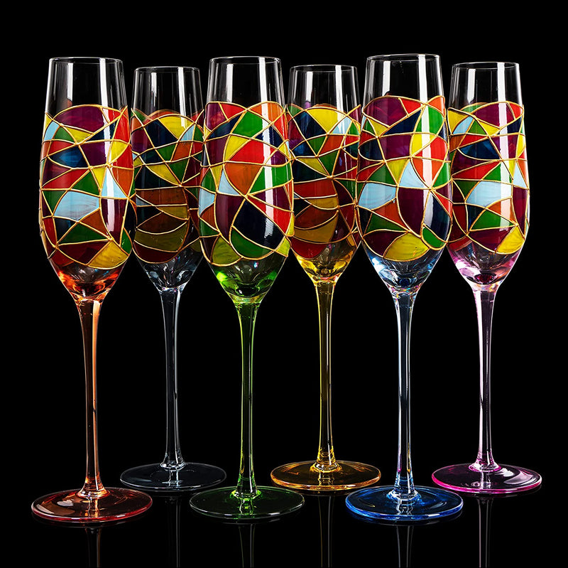 Wine Glasses - Flutes Collection: Champagne Flute Set - 6 Colors Mix -  Glass Blown