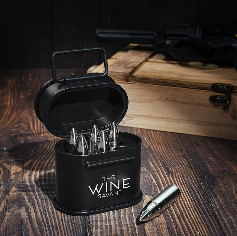 Whiskey Stones Bullets Stainless Steel with Wooden Gift Box - 1.75in Bullet  Chillers Set of 6 Inside Realistic Revolver - Freezer Base, Made w/Premium  Stainless Steel, Large Whiskey Chillers (Silver) 