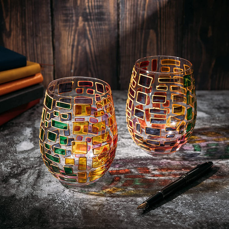 Renaissance Stained Wine Glasses Set of 2 by The Wine Savant - Festive