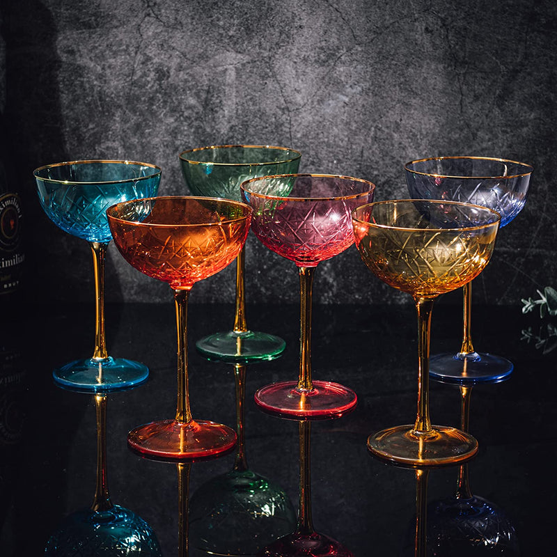 Martini Glasses Set of 6 | 8oz | Crystal Luxury Martini Glass - Elegant Colors - Premium Hand-Blown | Art Deco Cocktail Colored Coupes for Manhattan