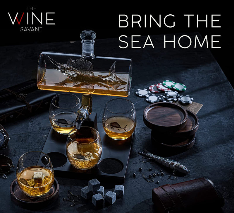 Swordfish & Sailfish Wine &Whiskey Decanter Dispenser and 4  Liquor Glasses - Fishing & Boat Decanter & Glass Set - Fishing Gifts for Men  Bourbon & Scotch Decanter for Alcohol 