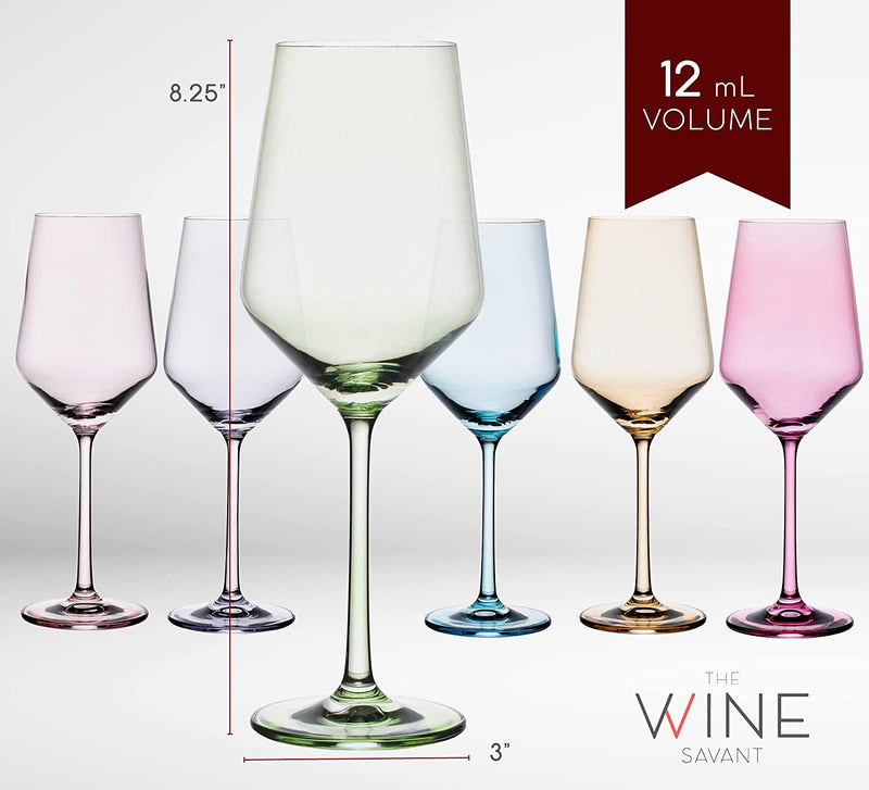 Colored Crystal Wine Glass Set of 6, Large Stemmed 12 oz Glasses, Great for  all Occasions