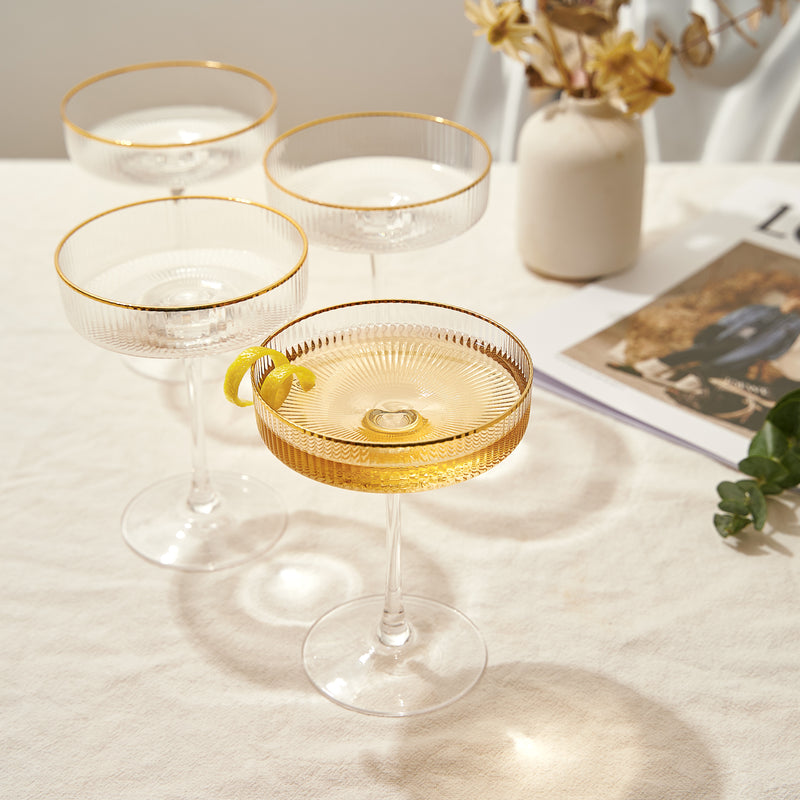Ribbed Coupe Cocktail Glasses With Gold Rim 8 oz | Set of 4 | Classic  Manhattan Glasses For Cocktail…See more Ribbed Coupe Cocktail Glasses With  Gold